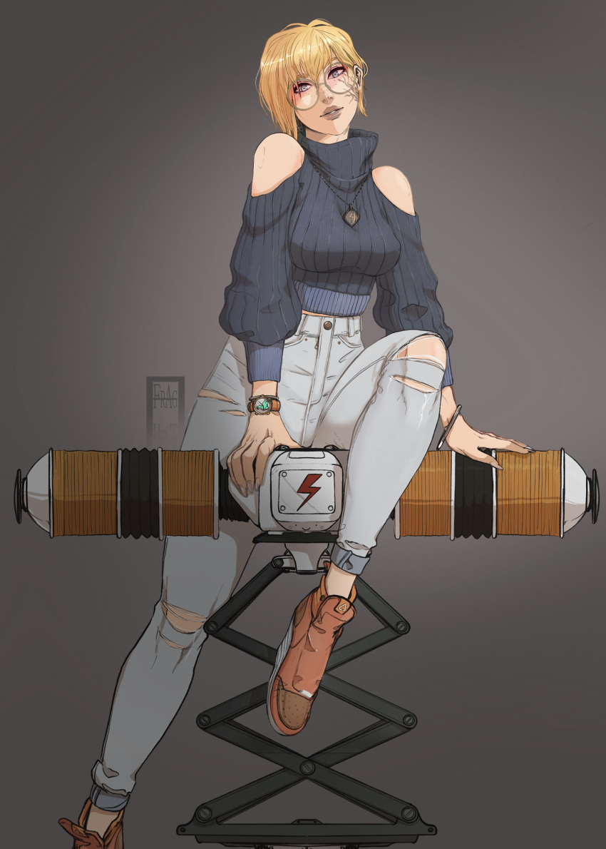 1girl absurdres apex_legends blonde_hair blue_eyes blush boots breasts brown_footwear clothing_cutout english_commentary glasses grey_lips grey_pants head_tilt high-waist_pants highres ifragmentix jewelry lightning_bolt_symbol medium_breasts necklace nessie_(respawn) pants photo-referenced platform_boots platform_footwear ribbed_sweater round_eyewear scar scar_on_cheek scar_on_face shoulder_cutout solo sweater torn_clothes torn_pants watch wattson_(apex_legends) wristwatch