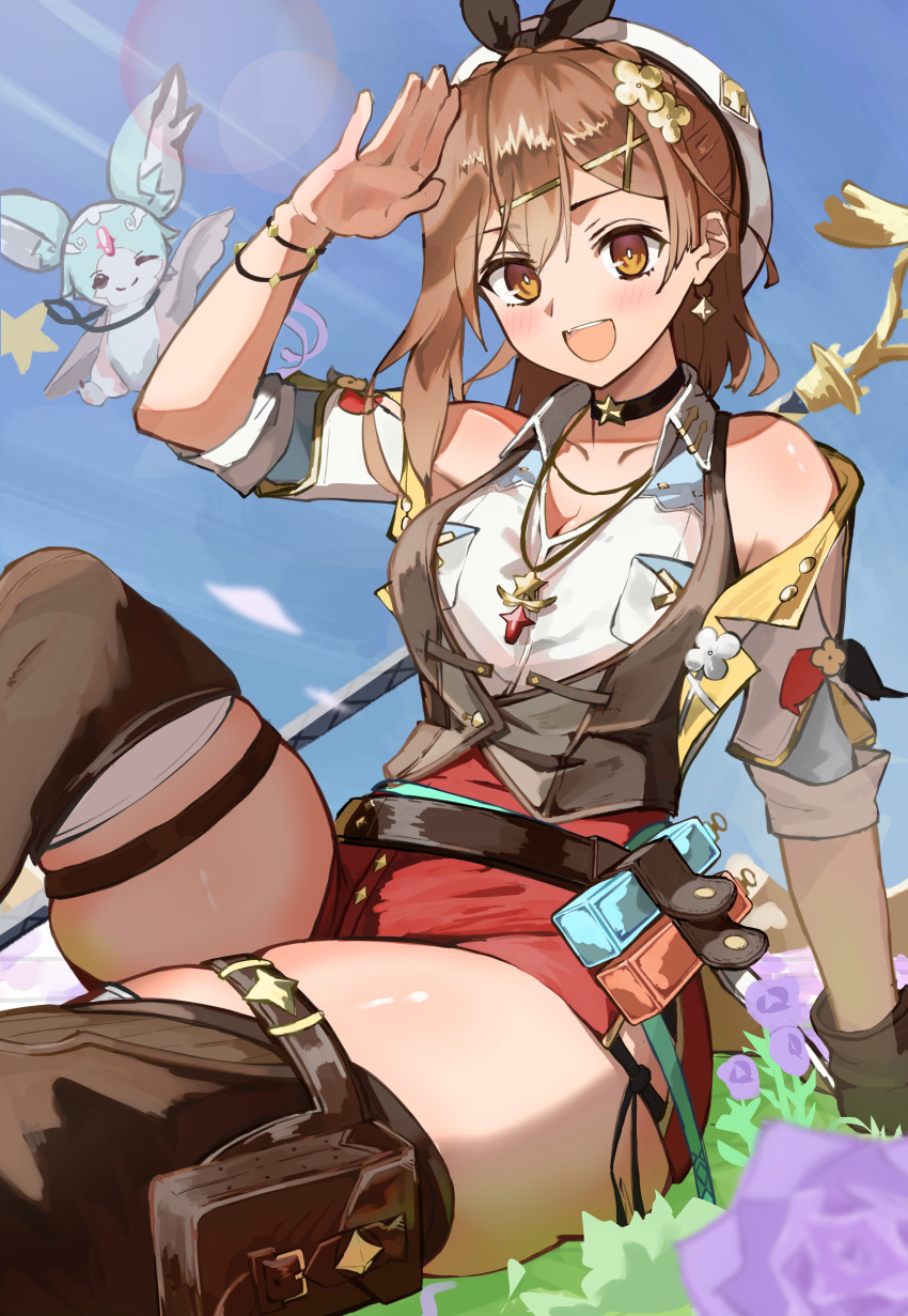 1girl :d absurdres arm_support atelier_(series) atelier_ryza atelier_ryza_3 bare_shoulders belt beret black_choker black_ribbon blue_sky blush breasts bright_pupils brown_belt brown_eyes brown_hair brown_thighhighs choker cleavage collared_shirt commentary day diamond_earrings double-parted_bangs earrings fang flower grass hair_between_eyes hair_ornament hair_ribbon hairclip half_updo hand_up hat highres jewelry large_breasts leaning_back lens_flare light_rays looking_at_viewer medium_hair open_mouth osashimi_0343x outdoors purple_flower red_shorts reisalin_stout ribbon salute shiny_skin shirt short_sleeves shorts sidelocks sitting skin_tight skindentation sky smile solo_focus staff star_ornament teeth thigh_strap thighhighs thighs upper_teeth_only white_headwear white_pupils white_shirt x_hair_ornament zettai_ryouiki