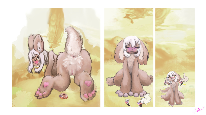 absurd_res anthro anus comic female fur genitals grey_hair growth hair hi_res kiraco lagomorph leporid looking_at_viewer macro made_in_abyss mammal nanachi pawpads paws presenting pussy rabbit solo yellow_body yellow_fur