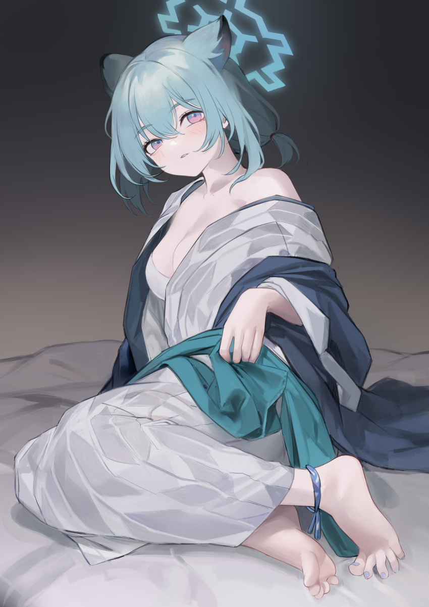 1girl absurdres animal_ears barefoot bath_yukata bed_sheet blue_archive blush bra breasts cleavage collarbone extra_ears green_hair halo hanten_(clothes) highres japanese_clothes kimono looking_at_viewer medium_breasts nagata_gata nail_polish official_alternate_costume shigure_(blue_archive) shigure_(hot_spring)_(blue_archive) single_bare_shoulder sitting solo toenail_polish toenails toes underwear weasel_ears white_bra yokozuwari yukata