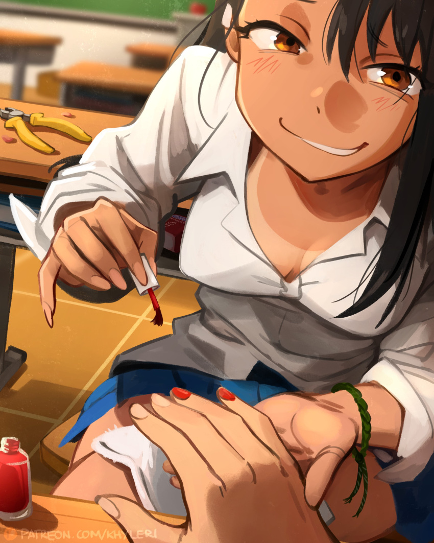 1girl 1other absurdres black_hair blue_skirt blurry blurry_background breasts brown_eyes cleavage commentary english_commentary grin highres holding ijiranaide_nagatoro-san indoors khyle. long_hair looking_at_viewer medium_breasts nagatoro_hayase nail_polish red_nails shirt skirt smile solo_focus tan white_shirt