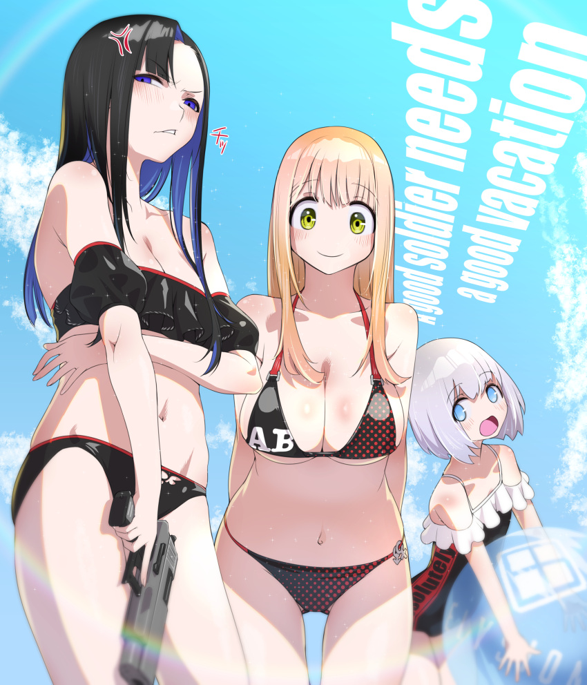 3girls absolute_(nikke) absurdres alternate_costume anger_vein arms_behind_back asymmetrical_bangs ball bare_shoulders beachball bikini black_bikini black_hair black_one-piece_swimsuit blonde_hair blue_eyes blue_sky blush breasts cleavage closed_mouth clothes_writing cloud collarbone colored_inner_hair commentary_request cowboy_shot day detached_sleeves emma_(nikke) english_text eunhwa_(nikke) forehead frilled_bikini frills frown fune_(fune93ojj) goddess_of_victory:_nikke green_eyes grey_hair groin gun halftone highres holding holding_ball holding_beachball holding_gun holding_weapon large_breasts leaning_forward long_hair looking_at_viewer medium_breasts multicolored_hair multiple_girls navel one-piece_swimsuit open_mouth parted_lips puffy_detached_sleeves puffy_sleeves purple_eyes purple_hair short_hair sidelocks sky smile standing stomach swimsuit two-tone_hair vesti_(nikke) weapon