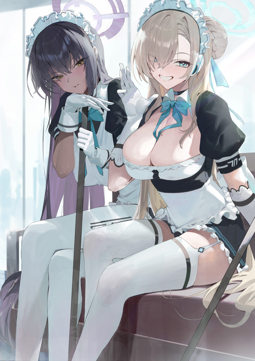 2girls absurdres asuna_(blue_archive) black_hair blue_archive blue_eyes blue_halo breasts broom cleavage clothes_writing dark-skinned_female dark_skin elbow_gloves gloves grin halo highres holding holding_broom karin_(blue_archive) lemoneko light_brown_hair long_hair maid maid_headdress mole mole_on_breast multicolored_hair multiple_girls pantyhose purple_hair purple_halo smile thighhighs two-tone_hair very_long_hair white_pantyhose white_thighhighs yellow_eyes