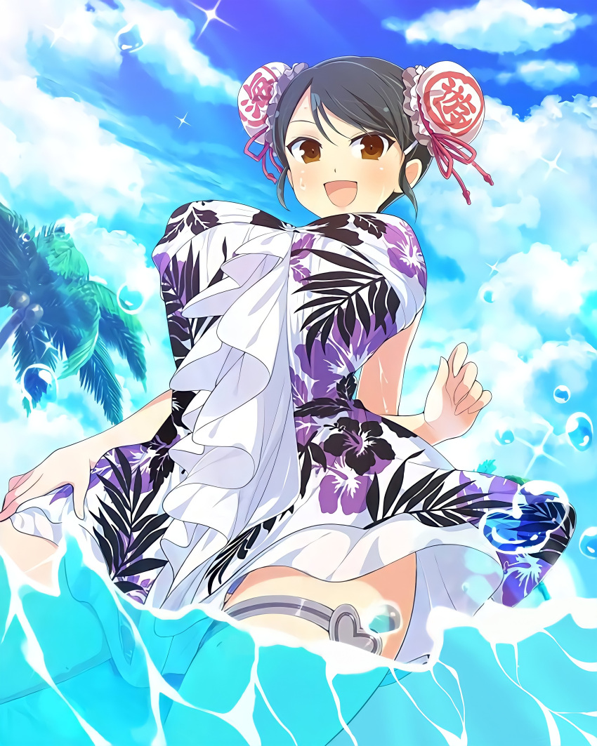 1girl absurdres black_hair blue_sky breasts cloud coconut coconut_tree curvy day dress_swimsuit floral_dress floral_print happy heart highres large_breasts meimei_(senran_kagura) ocean official_art open_mouth orange_eyes outdoors palm_tree senran_kagura senran_kagura_new_wave sky smile thick_thighs thighlet thighs tree yaegashi_nan