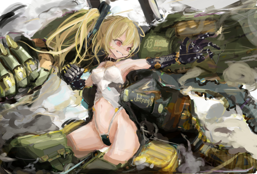 1girl armored_legwear artery_gear artery_gear:_fusion blonde_hair breasts brown_eyes character_request extra_arms highres mechanical_arms medium_breasts tank_top twintails two_side_up white_tank_top