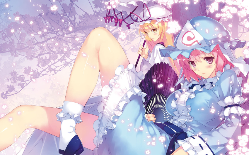 2girls album_cover ankle_socks blonde_hair blue_footwear blue_headwear blue_kimono blue_sash blush bow branch center_frills cherry_blossoms closed_mouth cover dress falling_petals fingernails flower folding_fan frilled_kimono frilled_sleeves frilled_socks frills glowing glowing_petals hand_fan hat hat_ribbon highres holding holding_fan holding_umbrella japanese_clothes kimono knee_up leaning_back light_smile long_hair long_sleeves mob_cap multiple_girls obi parasol petals pink_eyes pink_flower pink_hair purple_bow purple_ribbon ribbon ribbon-trimmed_sleeves ribbon_trim saigyouji_yuyuko sash shoes short_hair sleeve_garter socks touhou tree triangular_headpiece ueda_ryou umbrella white_dress white_headwear white_socks yakumo_yukari yellow_eyes