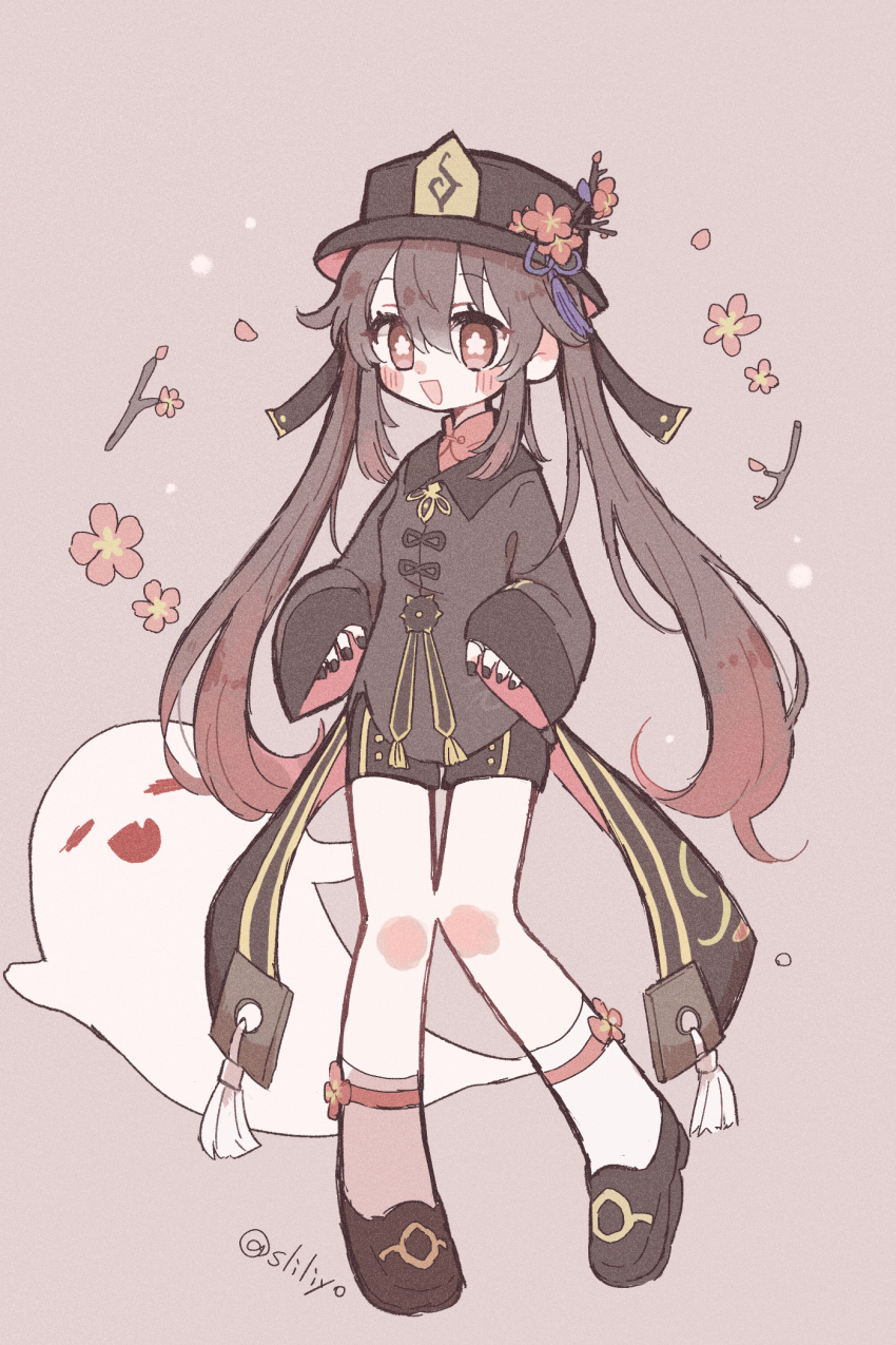 1girl :d black_coat black_footwear black_headwear black_nails black_shorts blush boo_tao_(genshin_impact) bright_pupils brown_hair coat coattails flower flower-shaped_pupils full_body genshin_impact ghost hat hat_flower hat_tassel highres hu_tao_(genshin_impact) long_hair long_sleeves looking_at_viewer red_eyes shorts simple_background smile socks solo symbol-shaped_pupils twintails twitter_username utjm3544 white_pupils white_socks