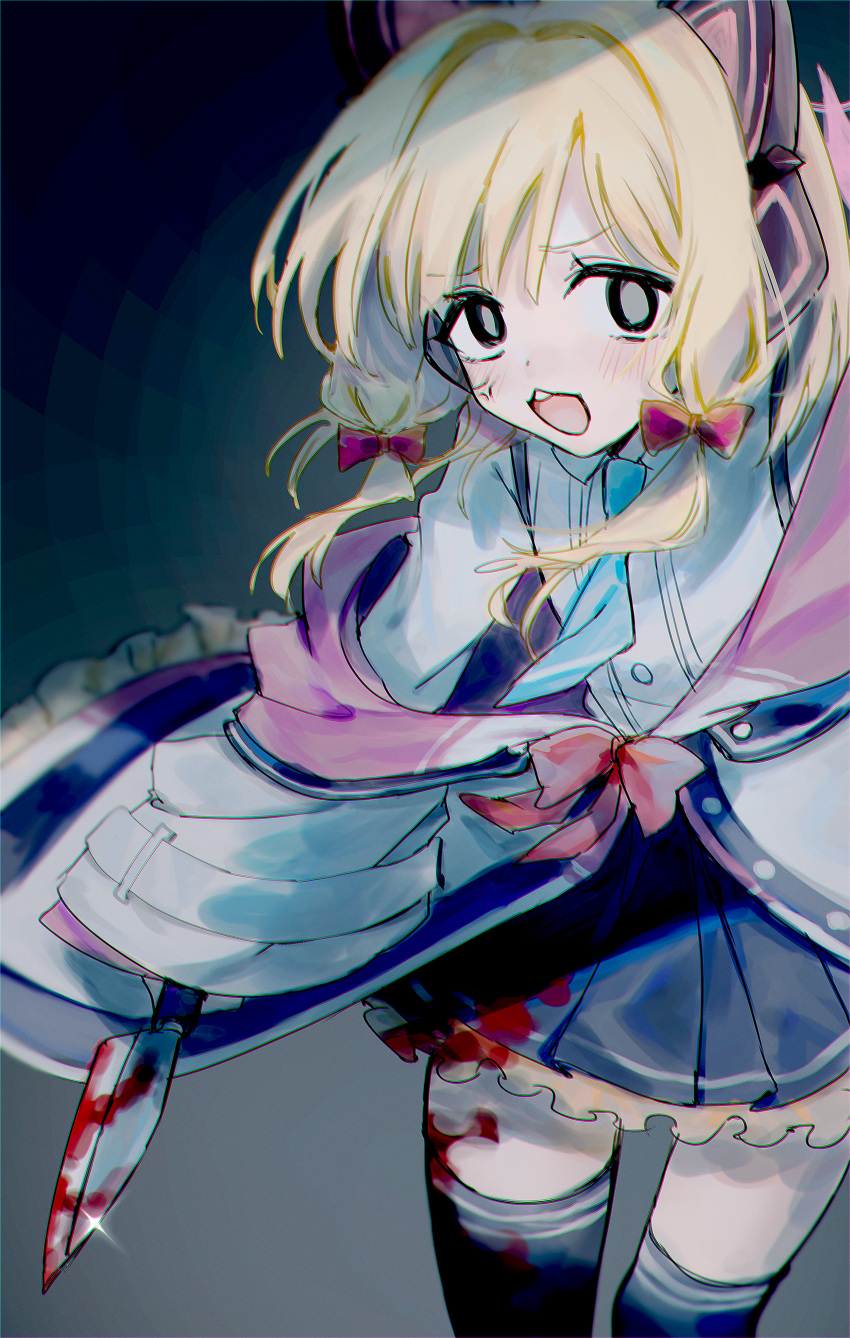 1girl absurdres anger_vein animal_ear_headphones animal_ears bad_anatomy black_skirt black_thighhighs blonde_hair blood blood_on_clothes blood_on_knife blue_archive blue_necktie bow collared_shirt dantyou2525 death_momoi_(meme) fake_animal_ears hair_bow headphones highres holding holding_knife jacket knife meme momoi_(blue_archive) necktie open_mouth pleated_skirt red_bow shirt short_hair skirt sleeves_past_fingers sleeves_past_wrists solo thighhighs two-sided_fabric two-sided_jacket white_jacket white_shirt wide_sleeves