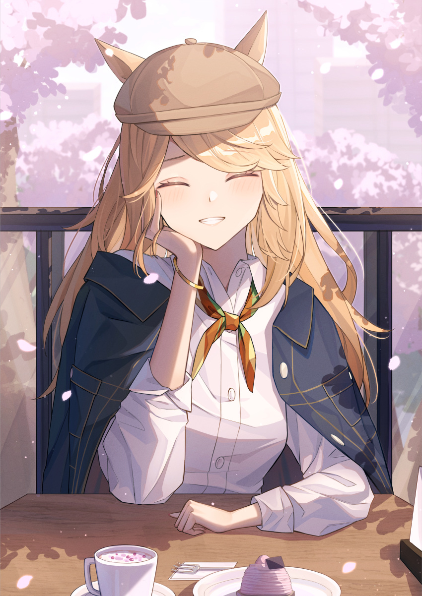 1girl absurdres alternate_costume animal_ears arm_on_table blonde_hair brown_headwear closed_eyes coffee_mug cup cupcake ears_through_headwear facing_viewer food gold_city_(umamusume) grin headwear_request highres horse_ears horse_girl isana615 jacket jacket_on_shoulders long_hair long_sleeves looking_at_viewer mug shirt smile solo table umamusume upper_body white_shirt