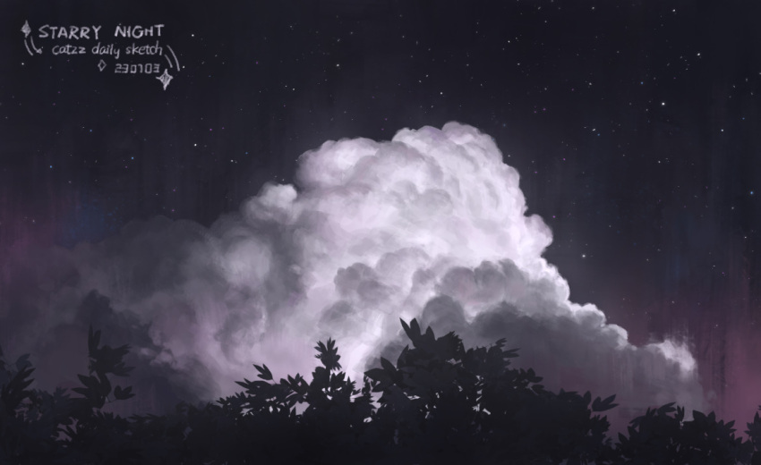 catzz cloud cloudy_sky commentary_request dark dated english_text nature night night_sky no_humans original outdoors scenery sky star_(sky) starry_sky tree