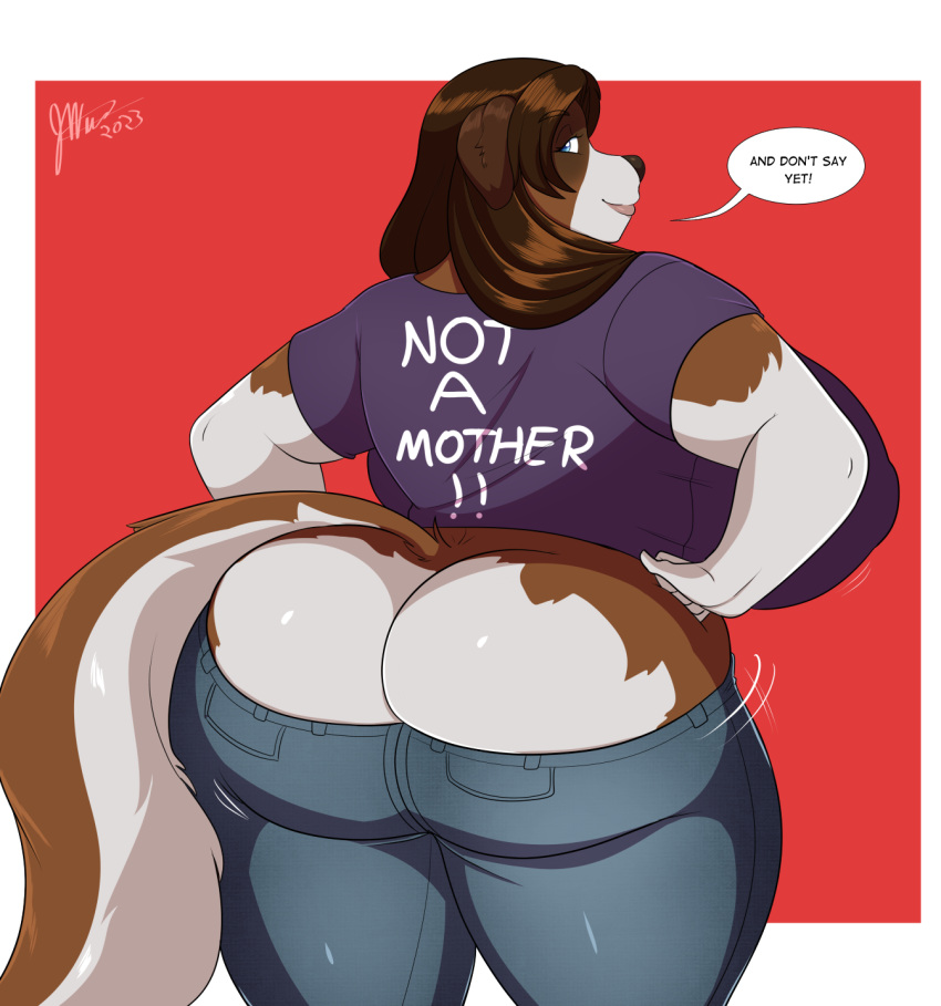 anthro big_breasts big_butt bottomwear breasts brown_body brown_fur brown_hair butt canid canine canis clothed clothing denim denim_clothing dialogue domestic_dog female floppy_ears fur hair hands_on_hips hi_res huge_breasts huge_butt jeans jwinkz looking_at_viewer looking_back looking_back_at_viewer mammal mature_female molosser mountain_dog pants rear_view saint_bernard shirt solo standing t-shirt tight_jeans topwear voluptuous_female vreneli_liljedahl