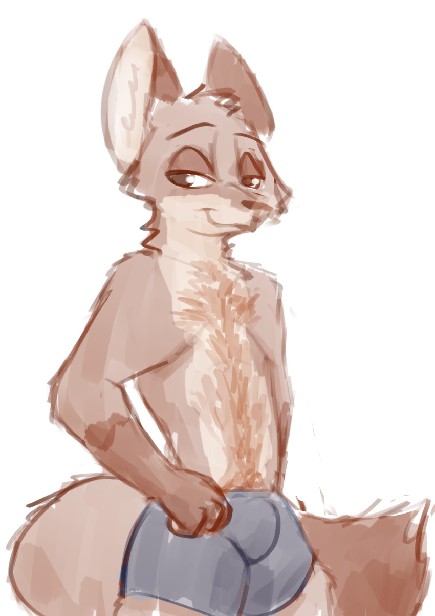 anthro belly_tuft bluedouble boxers_(clothing) bulge canid canine chest_tuft clothed clothing disney fox hair hi_res male mammal nick_wilde simple_background smug solo topless tuft underwear white_background zootopia