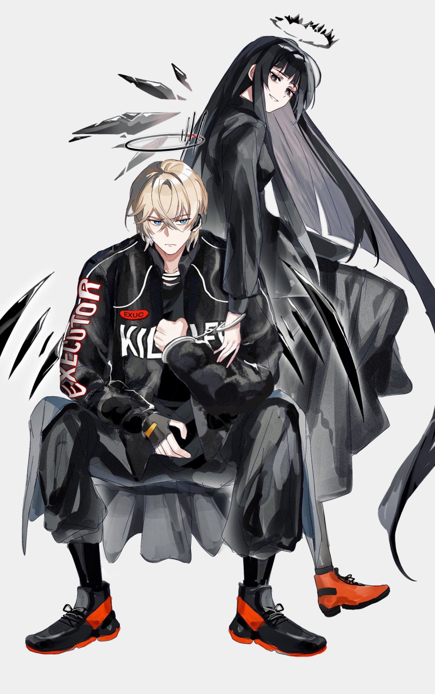 1boy 1girl arknights arturia_(arknights) black_dress black_eyes black_footwear black_gloves black_hair black_jacket black_pants black_shirt black_wings blonde_hair blue_eyes brother_and_sister commentary_request cuffed cuffs detached_wings dress energy_wings executor_(arknights) fingerless_gloves full_body gloves halo highres jacket long_hair long_sleeves mechanical_halo mechanical_wings open_clothes open_jacket orange_footwear pants shirt shoes short_hair siblings simple_background sitting smile standing standing_on_one_leg very_long_hair white_background wings zuo_daoxing