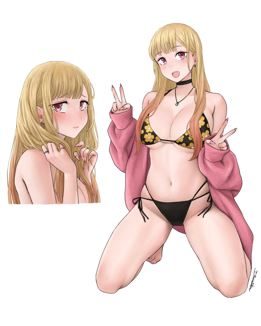 1girl :d absurdres bikini black_bikini black_choker blonde_hair breasts choker dismaiden double_v floral_print gradient_hair hands_up highres jewelry kitagawa_marin kneeling large_breasts long_hair multicolored_hair navel necklace open_mouth pink_hair red_eyes ring smile solo sono_bisque_doll_wa_koi_wo_suru swimsuit v