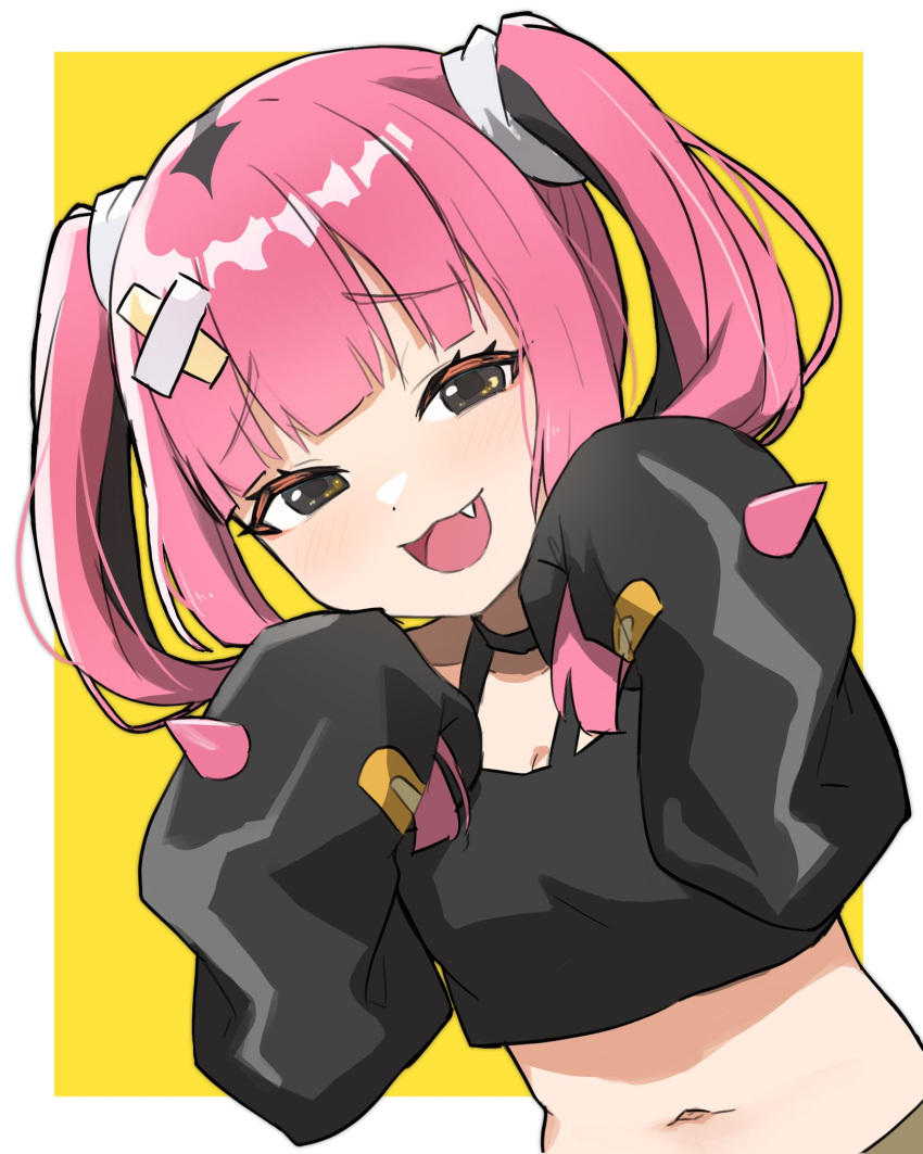 1girl :d black_shirt blush commentary_request eyelashes fang grey_eyes hair_ornament hands_up happy highres looking_at_viewer navel open_mouth peppedayo_ne pink_hair pokemon pokemon_(anime) pokemon_horizons sango_(pokemon) shirt sleeves_past_fingers sleeves_past_wrists smile solo tongue twintails upper_body