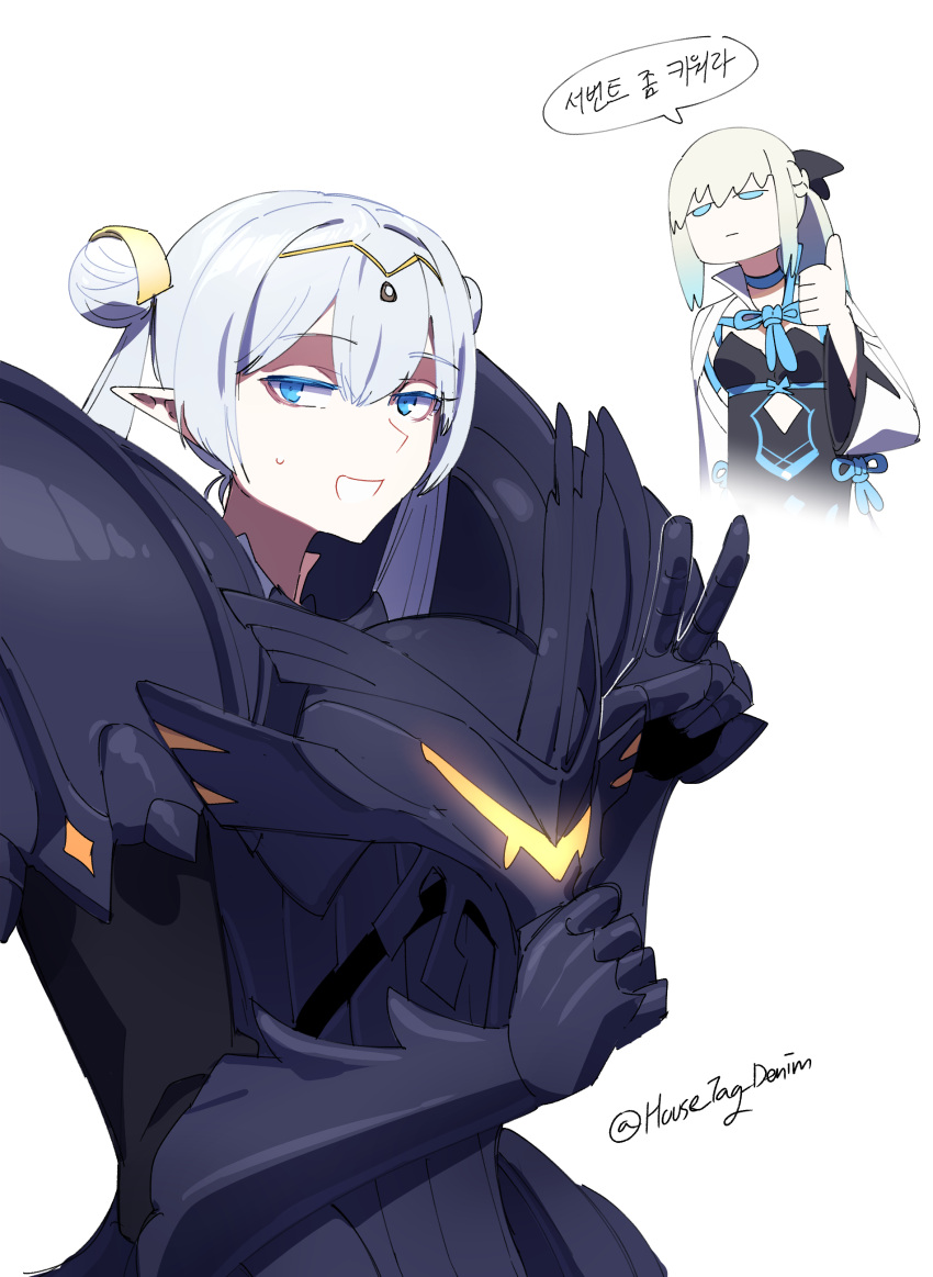 2girls absurdres armor black_armor blue_eyes braid breasts britomart_(fate) britomart_(first_ascension)_(fate) double_bun dress fate/grand_order fate_(series) french_braid grey_hair grin hair_bun hairband headwear_removed helmet helmet_removed highres house_tag_denim long_hair looking_at_viewer morgan_le_fay_(fate) multiple_girls pointy_ears ponytail sidelocks smile speech_bubble thumbs_up translation_request twintails v very_long_hair