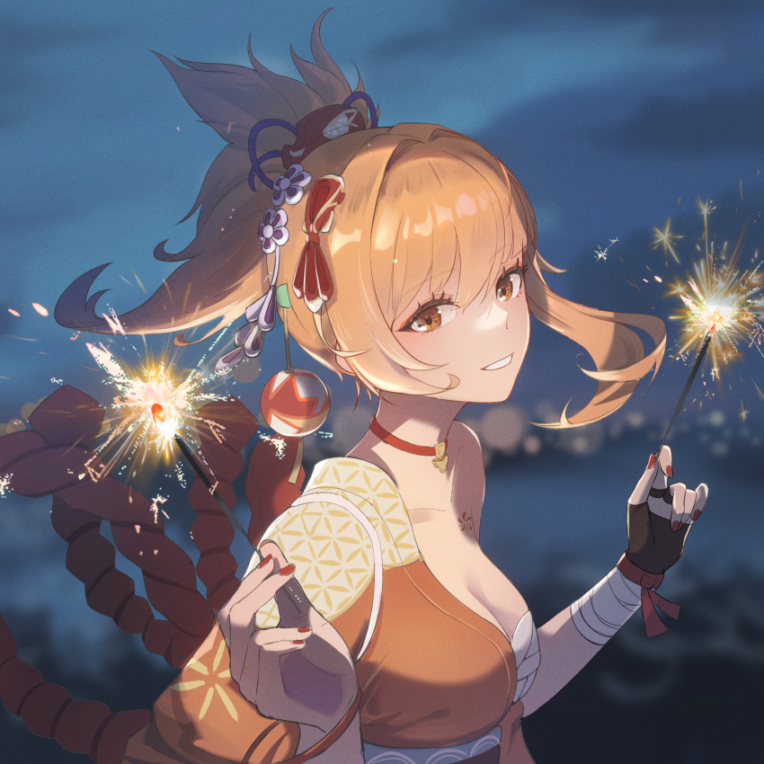 1girl bandaged_arm bandages blurry blurry_background breasts butterfly_choker chest_sarashi chest_tattoo choker cleavage clenched_teeth collarbone fingerless_gloves fireworks flower_tattoo genshin_impact gloves hadanugi_dousa hair_ornament highres holding_fireworks japanese_clothes kimono looking_at_viewer medium_breasts open_mouth orange_eyes orange_hair orange_kimono red_choker red_nails rope sarashi shimenawa sidelocks single_bare_shoulder single_fingerless_glove solo sparkler tattoo teeth topknot upper_body y-z-h yoimiya_(genshin_impact)