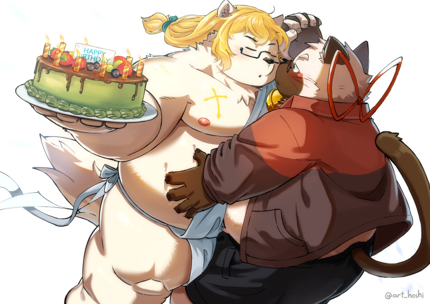 2023 anthro art_hoshi asian_clothing belly big_belly birthday_cake blush bottomwear cake clothing dessert domestic_cat duo east_asian_clothing eyes_closed eyewear felid feline felis food fundoshi glasses hand_holding hi_res japanese_clothing kemono male male/male mammal moobs nipples overweight overweight_male shorts simple_background underwear white_clothing white_fundoshi white_underwear