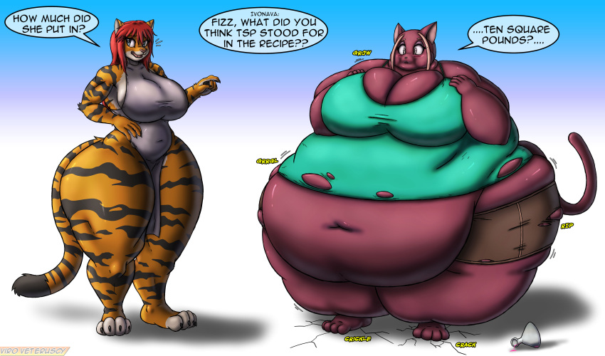 2021 absurd_res anthro big_breasts bottomwear breasts clothing cracked_floor deep_navel domestic_cat dress duo english_text felid feline felis female flask fur hi_res huge_belly huge_breasts mammal morbidly_obese morbidly_obese_anthro morbidly_obese_female navel obese obese_anthro obese_female overweight overweight_anthro overweight_female pantherine potion rumbling_stomach shirt shorts speech_bubble striped_body striped_fur stripes text tiger topwear torn_bottomwear torn_clothing torn_shirt torn_shorts torn_topwear urmi_(starknight321) viroveteruscy weight_gain