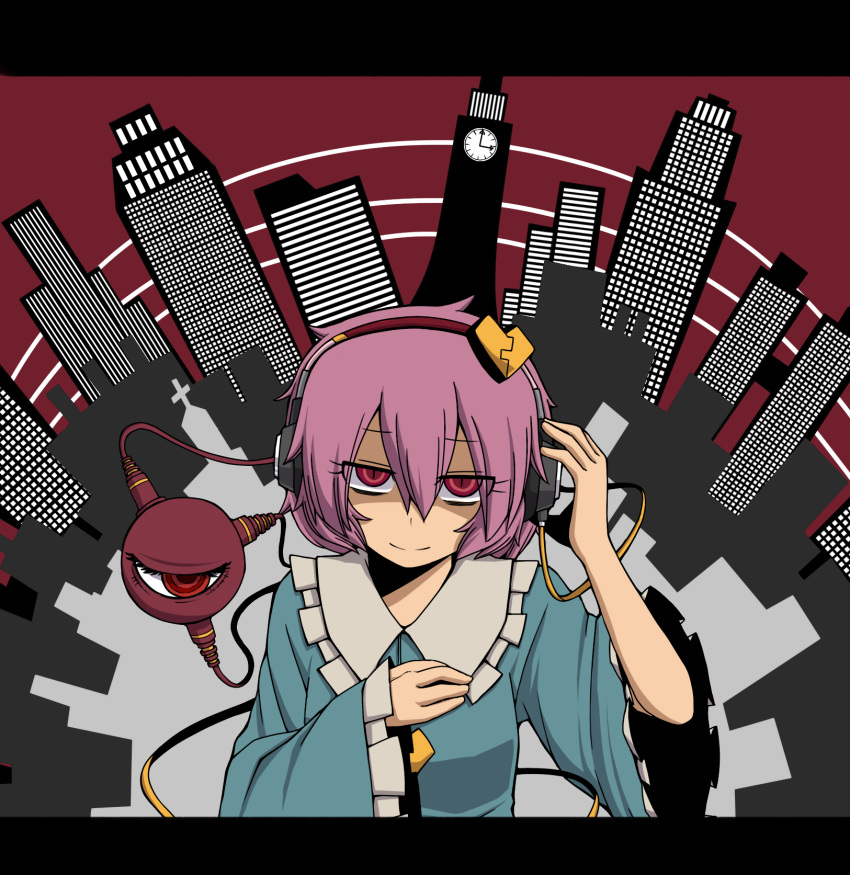 1girl album_cover bags_under_eyes blue_shirt breasts building city clock clock_tower closed_mouth collared_shirt comiket_81 commentary_request cover eyeball frilled_shirt_collar frilled_sleeves frills hair_between_eyes hair_ornament hairband hand_on_headphones headphones heart heart_hair_ornament highres komeiji_satori kuri_dora letterboxed long_bangs long_sleeves looking_at_viewer pink_hair red_eyes red_hairband shaded_face shirt short_hair skyscraper small_breasts smile solo split_mouth third_eye touhou tower upper_body wide_sleeves