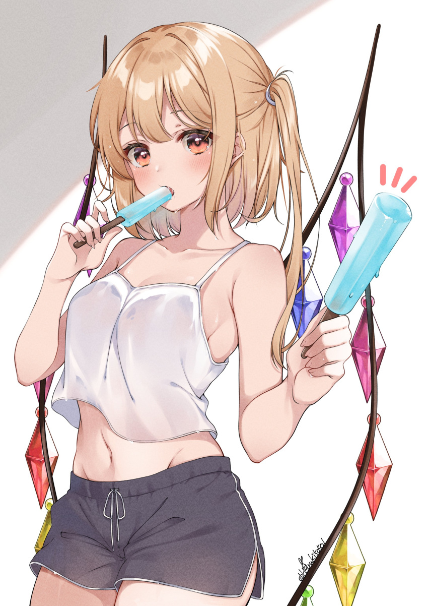 1girl absurdres artist_name black_shorts blonde_hair blush breasts camisole collarbone crystal dolphin_shorts eating flandre_scarlet food food_in_mouth haruki_(colorful_macaron) highres holding holding_food holding_popsicle ice_cream long_hair looking_at_viewer navel one_side_up orange_eyes popsicle popsicle_in_mouth popsicle_stick short_shorts shorts side_ponytail small_breasts solo sweat touhou white_camisole wings