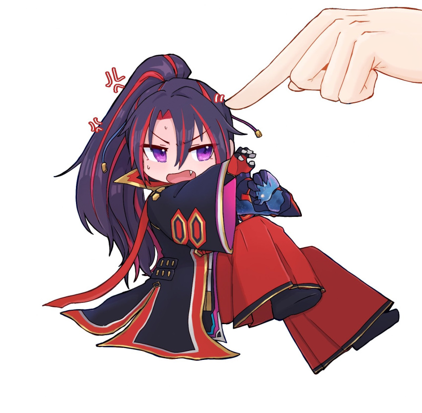 1boy 1other anger_vein asymmetrical_gloves bell-bottoms black_hair chibi disembodied_limb duel_monster ei_(tdnei666) fang gloves hands_up highres jacket japanese_clothes kashtira_riseheart long_hair male_focus mismatched_gloves multicolored_hair open_clothes open_jacket open_mouth purple_eyes red_hair shoes streaked_hair wide_sleeves yu-gi-oh!