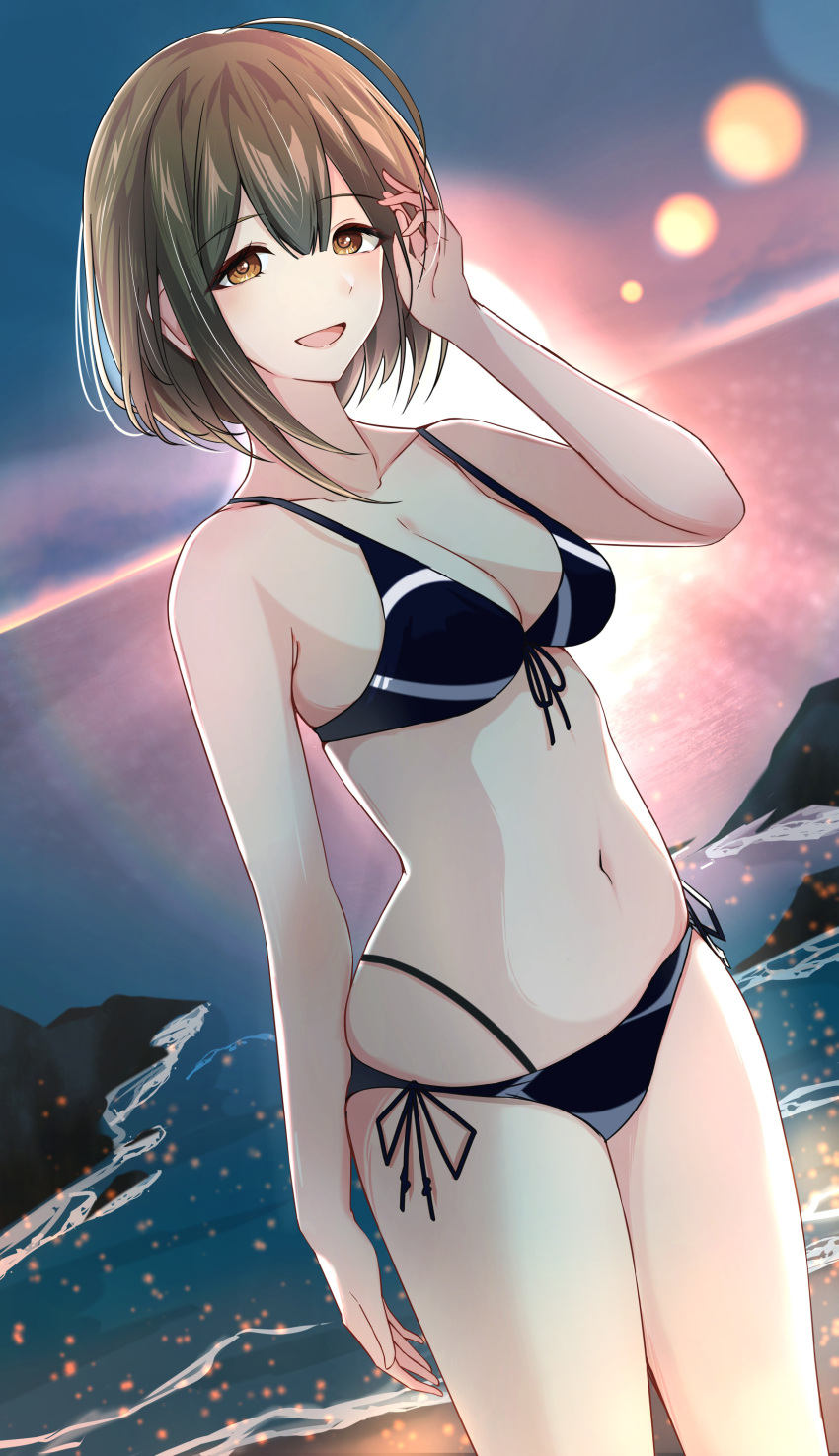 1girl absurdres ahoge alternate_hairstyle bare_shoulders beach bikini black_bikini blush breasts brown_eyes brown_hair cleavage cloud collarbone cowboy_shot front-tie_bikini_top front-tie_top hand_up highres horizon idolmaster idolmaster_shiny_colors kuwayama_chiyuki large_breasts lens_flare looking_at_viewer midriff navel ocean open_mouth outdoors rock short_hair side-tie_bikini_bottom sikimosh sky smile solo sunlight sunset swimsuit