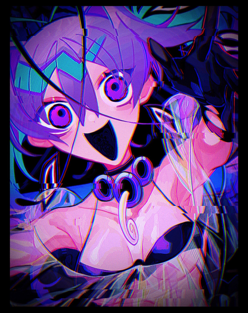 1girl abnormality_dancin'_girl_(vocaloid) antenna_hair black_background black_bra black_gloves bra breasts cleavage crazy_smile flower_(vocaloid) gloves highres himanemuitoma messy_hair open_mouth purple_eyes purple_hair purple_theme see-through smile underwear vocaloid