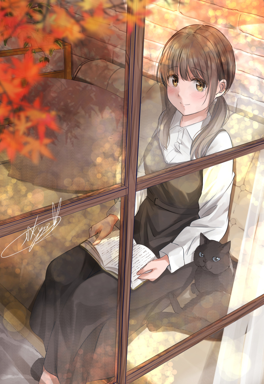 1girl autumn black_cat book brown_hair cat couch dress from_outside highres holding holding_book looking_at_viewer low_twintails original pillow pinafore_dress reading shirt signature sitting sleeveless sleeveless_dress solo soragane_(banisinngurei) twintails white_shirt window yellow_eyes