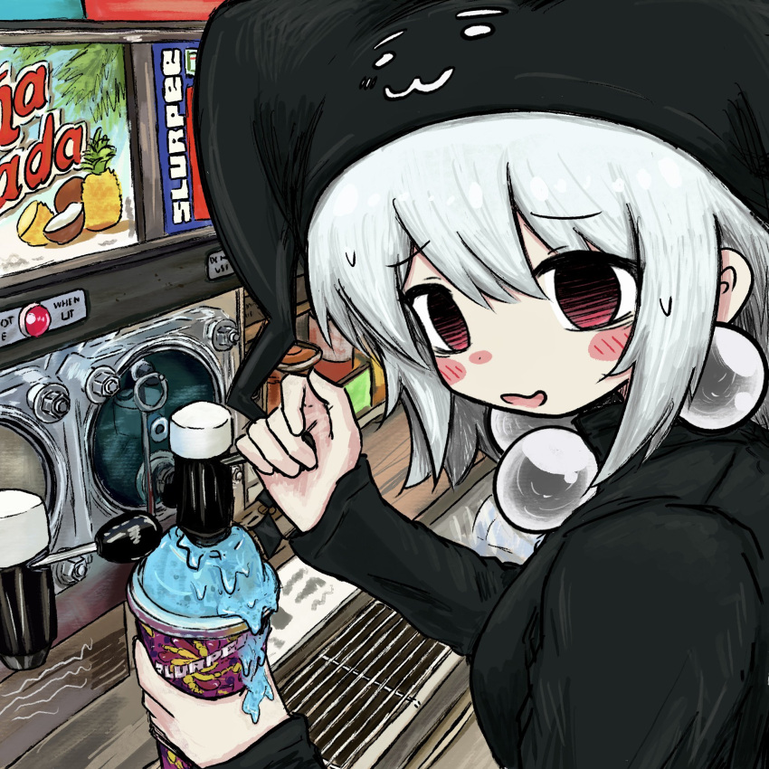 1girl black_headwear black_shirt bubbacterial cup from_side hands_up highres holding holding_cup long_sleeves looking_at_viewer mayura open_mouth red_eyes shirt sidelocks smile soda_fountain solo turtleneck ukagaka upper_body white_hair