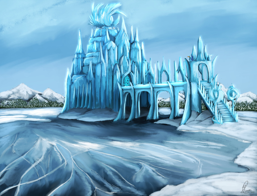 absurd_res bridge castle_of_ice cloudy evergreen_tree frozen hi_res homebrew ice lake landscape magic mountain peror(uncrom) pine_tree plant sculpture secrets_of_uncrom sky snow spires stairs tree uncrom valtalska winter yenocwolf zero_pictured