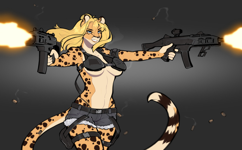 2023 5_fingers anthro armor black_background black_spots blonde_hair blue_eyes bottomwear breasts cheetah clothing exposure_variation felid feline female fingers firing_weapon fur gun hair holding_gun holding_object holding_weapon leg_holster lena_fluffy_(character) mammal medium_breasts muzzle_flash ni70 ranged_weapon shorts simple_background solo spent_casing spots spotted_body spotted_fur standing unconvincing_armor under_boob weapon yellow_body yellow_fur