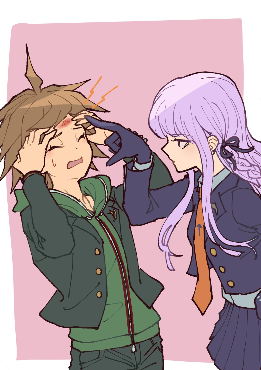 1boy 1girl absurdres ahoge black_gloves black_jacket black_pants black_ribbon border braid brown_hair danganronpa:_trigger_happy_havoc danganronpa_(series) flick forehead_flick gloves green_hoodie hair_ribbon hands_on_own_head highres hood hood_down hoodie jacket kirigiri_kyoko long_hair miniskirt naegi_makoto necktie open_clothes open_jacket open_mouth orange_necktie pants pink_background pink_hair profile purple_jacket purple_skirt ribbon short_hair side_braid skirt sweatdrop white_border youko-shima