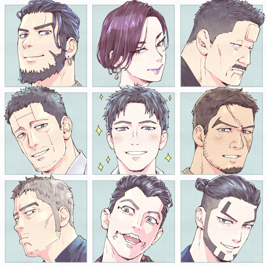 1girl 6+boys aged_down alternate_hairstyle beard black_eyes black_hair blue_eyes blue_lips blush brown_eyes c69 character_request earrings facial_hair goatee golden_kamuy grey_eyes highres hoop_earrings inkarmat jewelry kadokura_(golden_kamuy) kikuta_mokutaro kiroranke light_brown_hair long_sideburns mature_male multiple_boys mustache okuyama_kantaro oosawa_fusatarou puckered_lips rikimatsu_ariko scar scar_across_eye scar_on_cheek scar_on_face short_hair sideburns smile sparkle stubble thick_eyebrows usami_tokishige ushiyama_tatsuma