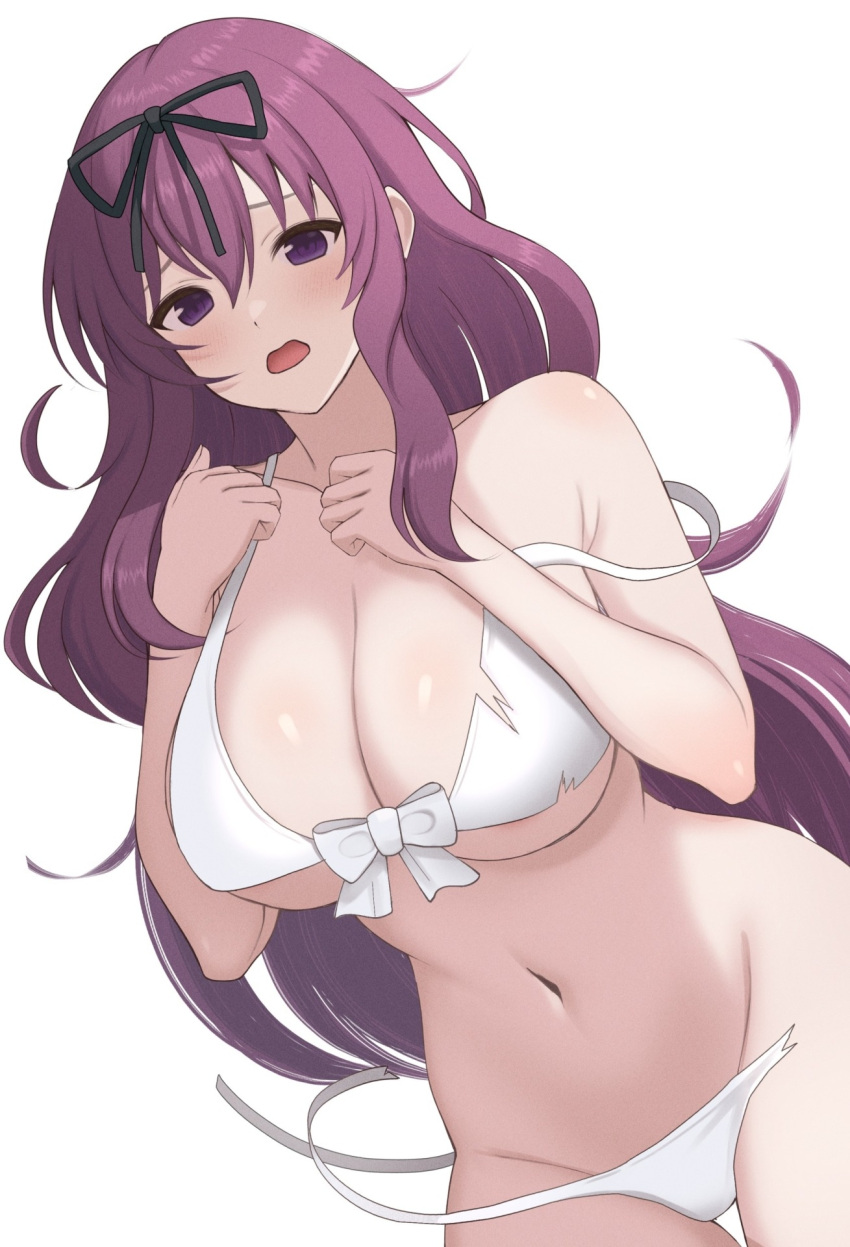 1girl bikini black_ribbon blush bow breasts cleavage front-tie_bikini_top front-tie_top hair_ribbon hands_on_own_chest highres large_breasts long_hair murasaki_(senran_kagura) navel open_mouth purple_eyes purple_hair ribbon senran_kagura simple_background solo stomach strap_slip surippa1010 swimsuit torn_bikini very_long_hair white_background white_bow