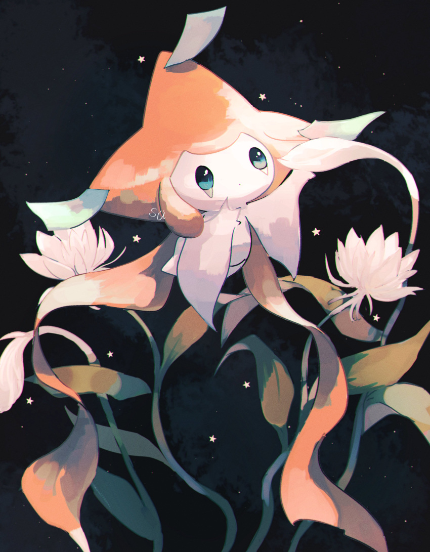 absurdres black_background colored_skin dot_mouth facial_mark floating flower highres jirachi night night_sky pokemon pokemon_(creature) sky solid_oval_eyes star_(sky) su_(sajo_su5) tanzaku white_skin