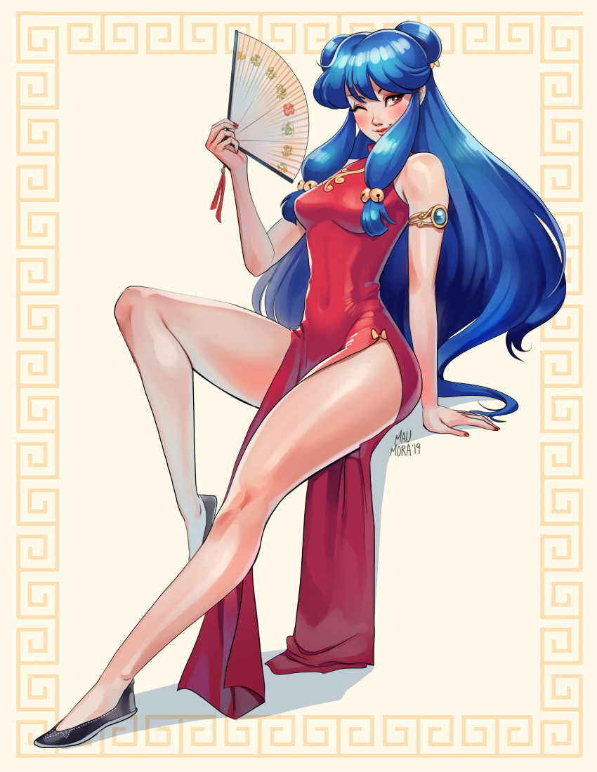 1girl 2019 absurdres armlet artist_name black_footwear blue_hair blush breasts brown_eyes english_commentary folding_fan hair_bun hand_fan highres holding holding_fan invisible_chair long_hair looking_to_the_side mau_mora medium_breasts one_eye_closed ranma_1/2 shadow shampoo_(ranma_1/2) shoes sidelocks sitting smile solo very_long_hair yellow_background