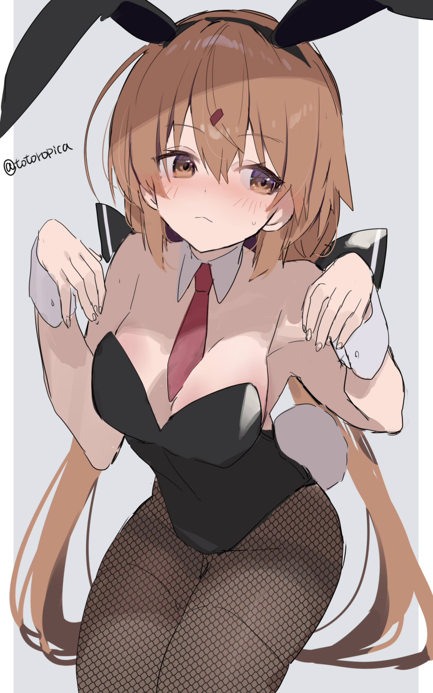 1girl animal_ears between_breasts black_leotard blue_leotard blush breasts brown_eyes brown_hair brown_pantyhose cleavage covered_navel detached_collar embarrassed fake_animal_ears fishnet_pantyhose fishnets hair_between_eyes hair_ornament hairclip highleg highleg_leotard highres kantai_collection leotard long_hair looking_at_viewer low_twintails necktie necktie_between_breasts pantyhose picoli1313 playboy_bunny rabbit_ears rabbit_tail solo strapless tail tashkent_(kancolle) twintails wrist_cuffs