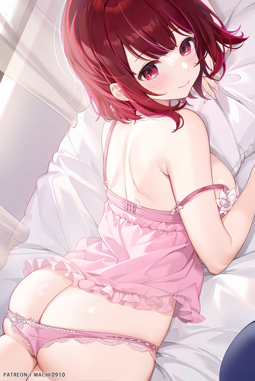 1girl arima_kana ass bare_shoulders blush breasts closed_mouth commentary_request curtains from_behind highres large_breasts looking_at_viewer looking_back lying machi_(7769) on_stomach oshi_no_ko panties patreon_username pink_panties red_eyes red_hair shiny_skin short_hair smile solo underwear