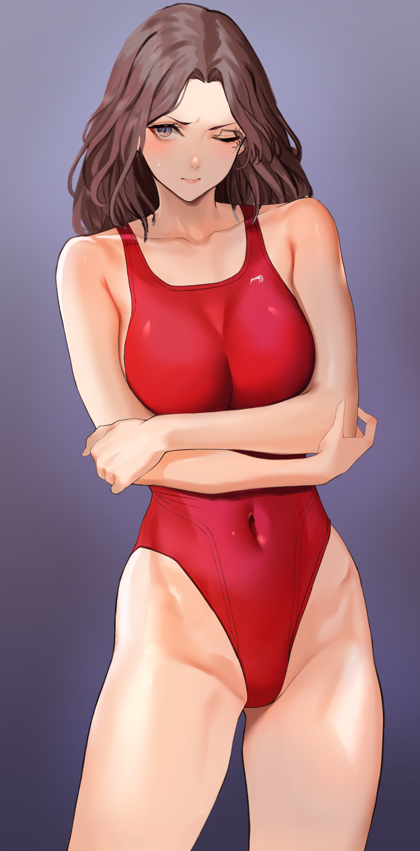 1girl absurdres alternate_costume arms_under_breasts bare_shoulders breasts brown_hair collarbone commentary_request competition_swimsuit covered_navel cowboy_shot elden_ring forehead grey_eyes highleg highleg_swimsuit highres light_blush lips long_hair looking_at_viewer medium_breasts melina_(elden_ring) one-piece_swimsuit one_eye_closed red_one-piece_swimsuit sawatari_kazuma simple_background solo standing sweatdrop swimsuit thighs