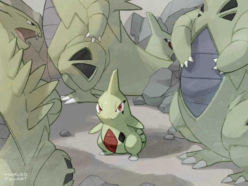 :&lt; artist_name claws colored_skin frown green_skin highres larvitar mokuzou_(moku_ssbu) no_humans open_mouth orange_eyes outdoors pokemon pokemon_(creature) solo_focus standing tyranitar