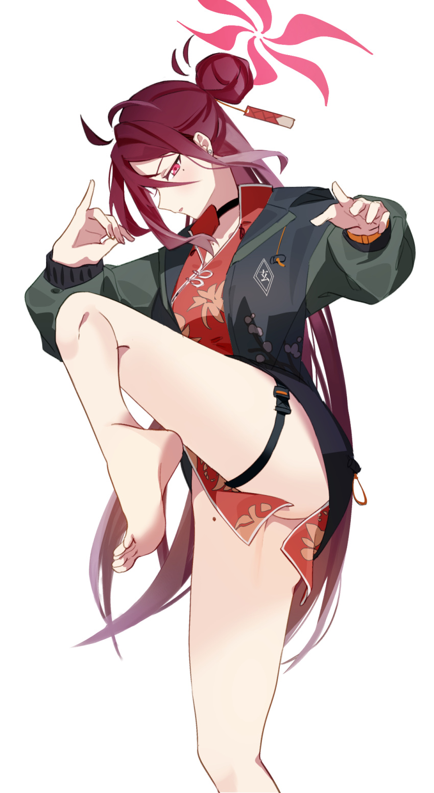1girl barefoot black_choker black_jacket blue_archive china_dress chinese_clothes choker dress hair_bun halo highres jacket kairu_(pixiv44336160) leg_up long_hair looking_at_viewer mole mole_on_thigh mole_under_eye open_mouth red_dress red_eyes red_hair reijo_(blue_archive) simple_background solo thigh_strap white_background