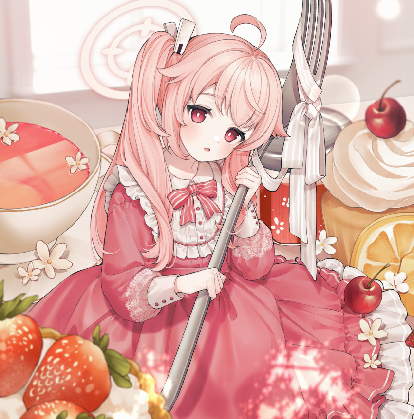 1girl alternate_costume apple blue_archive blush buttons collar commentary_request desert dress flower food fork frilled_collar frilled_dress frills fruit hair_ornament hairclip halo highres holding holding_fork k_four_nine korean_commentary light_blush looking_at_viewer natsu_(blue_archive) open_mouth orange_(fruit) pink_dress pink_hair pink_halo ponytail red_eyes ribbon side_ponytail sitting solo strawberry striped striped_ribbon