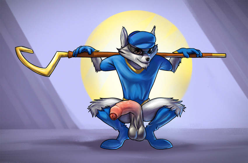 anthro athletic balls big_balls big_penis clothed clothing crouching foreskin genitals hi_res looking_at_viewer male mammal partially_clothed penis procyonid raccoon saggy_balls sly_cooper sly_cooper_(series) smile solo sony_corporation sony_interactive_entertainment sucker_punch_productions thick_penis tompi_(artist)