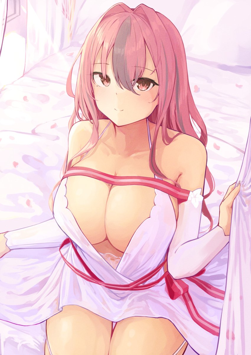 1girl azur_lane bare_shoulders breasts bremerton_(azur_lane) bremerton_(joyride_of_love)_(azur_lane) cleavage closed_mouth collarbone commentary detached_sleeves dress garter_straps grey_hair hair_between_eyes hair_down hair_intakes highres large_breasts light_blush long_hair looking_at_viewer mole mole_on_breast mole_under_eye multicolored_hair official_alternate_costume on_bed pink_eyes pink_hair ribbon sidelocks sitting sleeveless sleeveless_dress smile solo streaked_hair striped striped_ribbon two-tone_hair umiya_mizuki wedding_dress white_dress white_sleeves