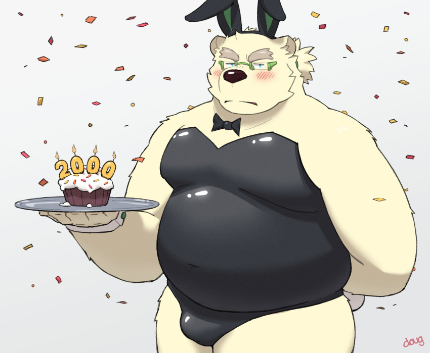 anthro bear belly blush bow_tie bulge confetti cupcake eyewear fake_ears fake_rabbit_ears food glasses hair hi_res leib_(tas) lifewonders male mammal navel overweight playboy_bunny playboy_outfit polar_bear ponytail serving_tray solo thatdouginme tokyo_afterschool_summoners ursine