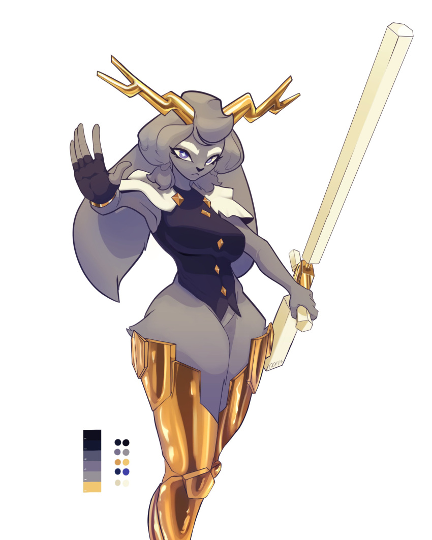 absurd_res antlers armor butler clothing club_(weapon) fur gold_(metal) greaves grey_body grey_fur hi_res horn jackalope lagomorph looking_at_viewer mammal melee_weapon nightstick oofwoof pseudoregalia simple_background suit sybil_(pseudoregalia) weapon white_background