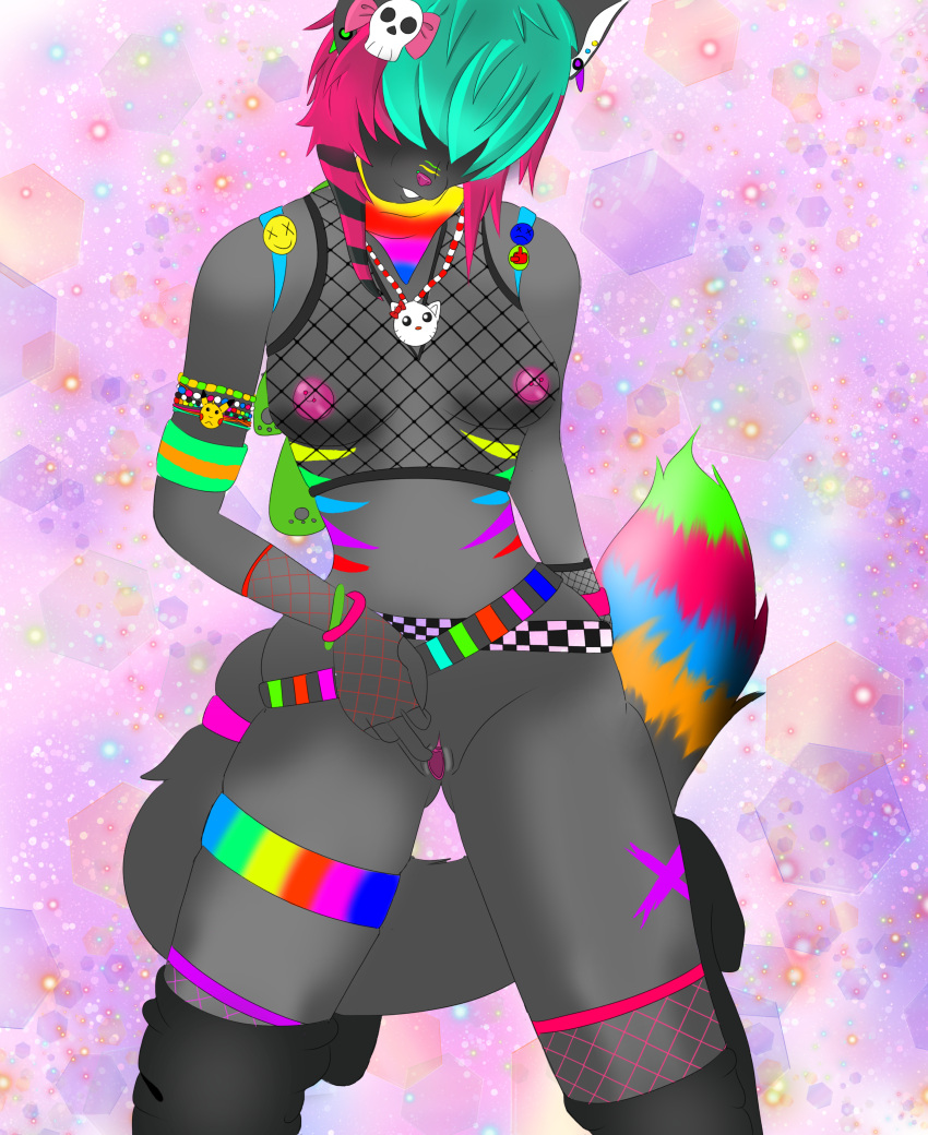 absurd_res anthro black_body boots canid canine canis clothing domestic_dog female fishnet footwear generation_1_pokemon hair hello_kitty_(character) hello_kitty_(series) hi_res humanoid kandi_(bracelet) mammal masturbation mochiko69 multicolored_hair mythology nintendo pastel pikachu pokemon pokemon_(species) rainbow_hair raver sanrio scene_hair solo sparkledog spectral_dog spirit