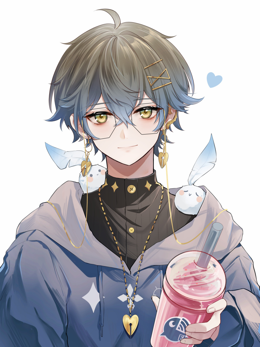 1boy absurdres anqing black_sweater drink drinking_straw earrings glasses grey_hair grey_hoodie heart highres holding holding_drink hood hoodie ike_eveland incoming_drink jewelry looking_at_viewer necklace nijisanji nijisanji_en short_hair smile solo sweater upper_body virtual_youtuber white_background yellow_eyes