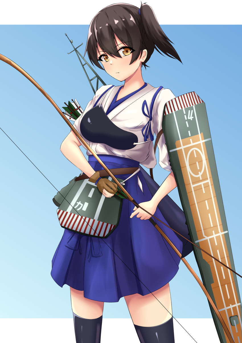 1girl absurdres arrow_(projectile) black_thighhighs blue_skirt bow_(weapon) closed_mouth dot_nose frilled_skirt frills gloves highres hiuyec holding holding_arrow kaga_(kancolle) kantai_collection legs_apart looking_at_viewer partially_fingerless_gloves quiver short_hair short_sleeves side_ponytail simple_background single_glove skirt solo standing thighhighs two-tone_background v-shaped_eyebrows weapon wing_bow yellow_eyes